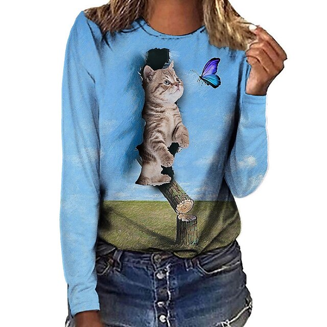  Dame T skjorte Svart Hvit Gul Trykt mønster Katt 3D Daglig Helg Langermet Rund hals Grunnleggende Normal 3D Cat Maling S