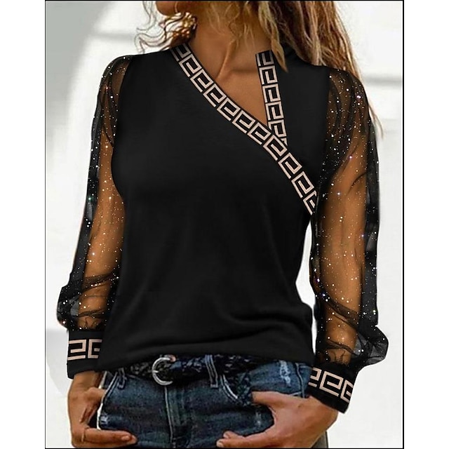 Women's Shirt Blouse Black Mesh Patchwork Plain Casual Long Sleeve V Neck Basic Regular S