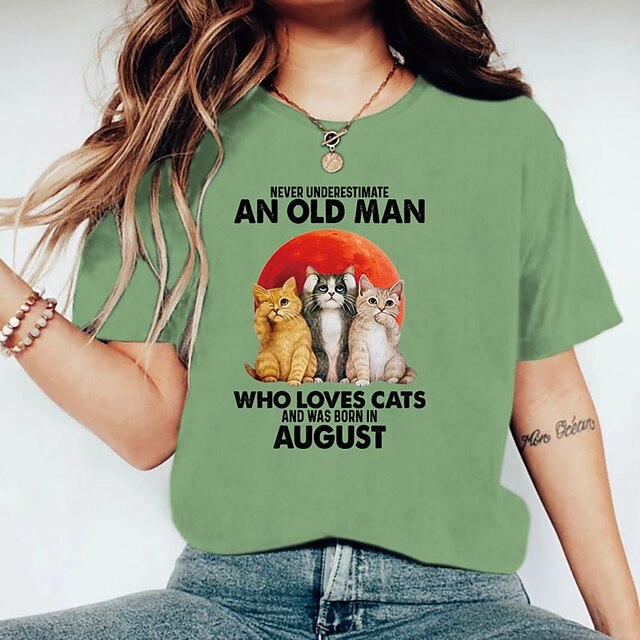  Mulheres Camiseta Branco Amarelo Verde Claro Imprimir Gráfico Gato Diário Feriado Manga Curta Decote Redondo Básico 100% Algodão Padrão Gato S