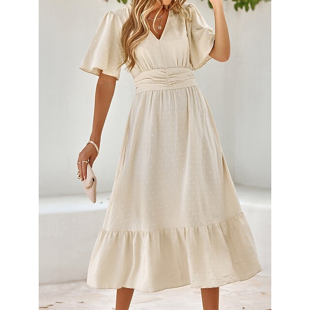  Women's Casual Dress Swing Dress Midi Dress caramel Light Green Apricot Pure Color Short Sleeve Spring Summer Ruched Modern V Neck Loose Fit Weekend 2023 S M L XL