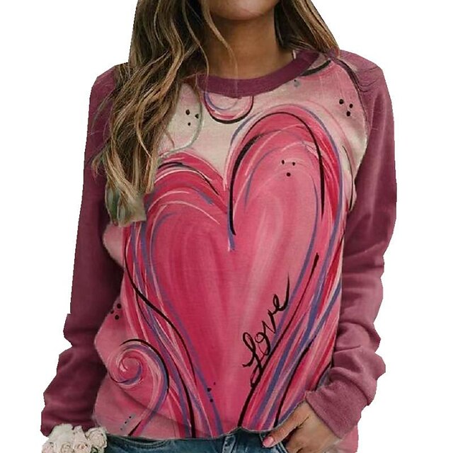  Women's T shirt Tee Pink Red Blue Print Heart Tie Dye Valentine Weekend Long Sleeve Round Neck Basic Regular Painting Couple S