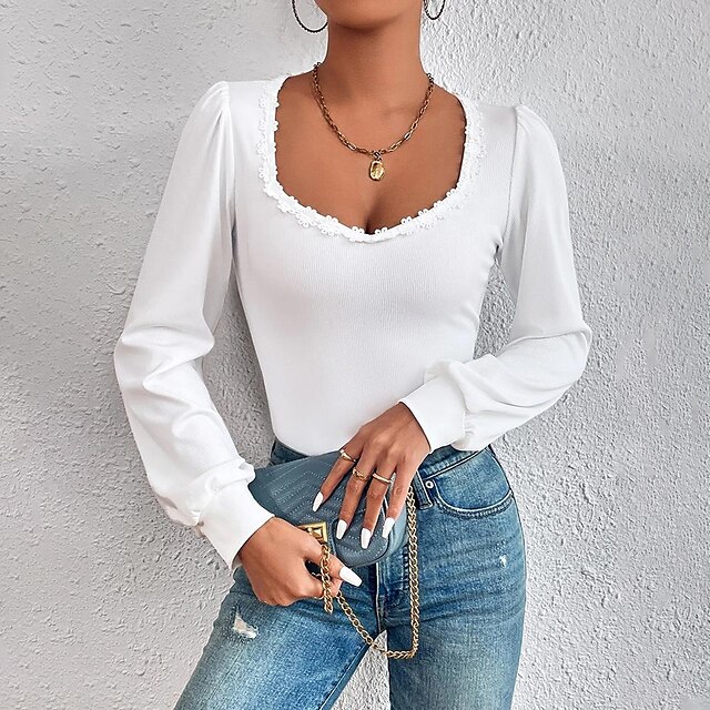  Mujer Camisa Blusa Blanco Croché Plano Casual Manga Larga Escote Cuadrado Básico Regular S
