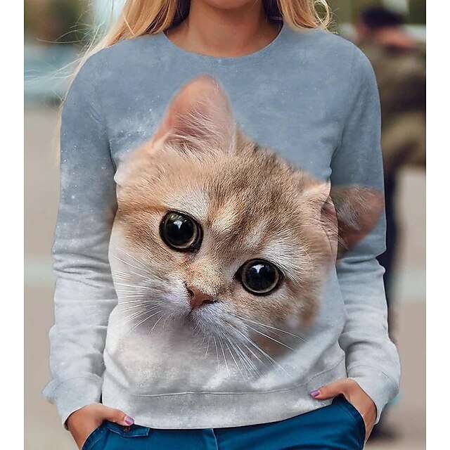  Dame T skjorte Gul Rosa Blå Trykt mønster Katt 3D Daglig Helg Langermet Rund hals Grunnleggende Normal 3D Cat Maling S
