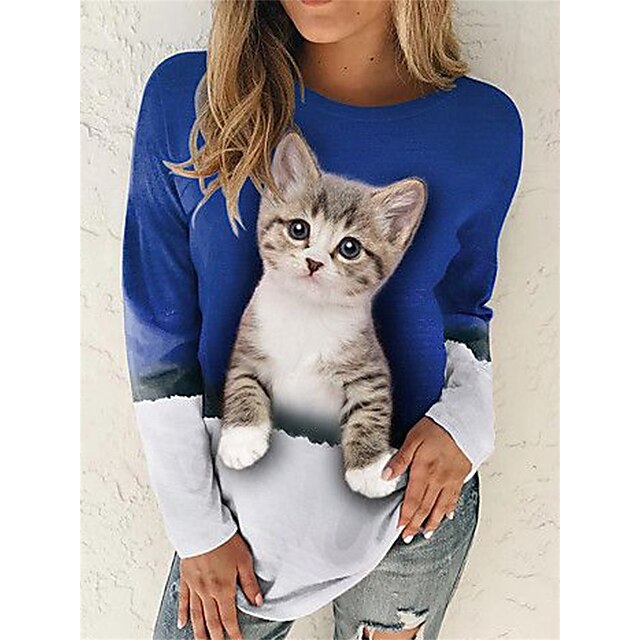  Dame T skjorte Blå Trykt mønster Katt 3D Daglig Helg Langermet Rund hals Grunnleggende Normal 3D Cat Maling S