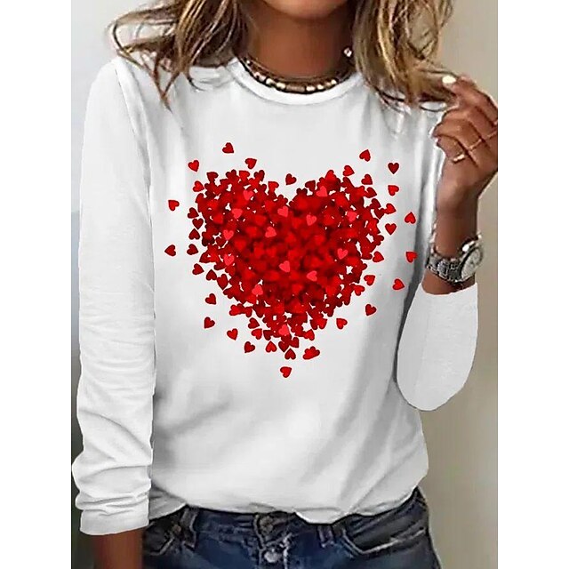  Per donna maglietta Nero Bianco Rosa Stampa Con cuori San Valentino Fine settimana Manica lunga Rotonda Essenziale Standard Pittura S