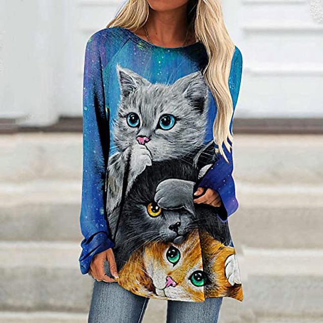  Damen T-Shirt Kleid Schwarz Weiß Blau Bedruckt Katze Casual Täglich Langarm Rundhalsausschnitt Basic Boho Lang S