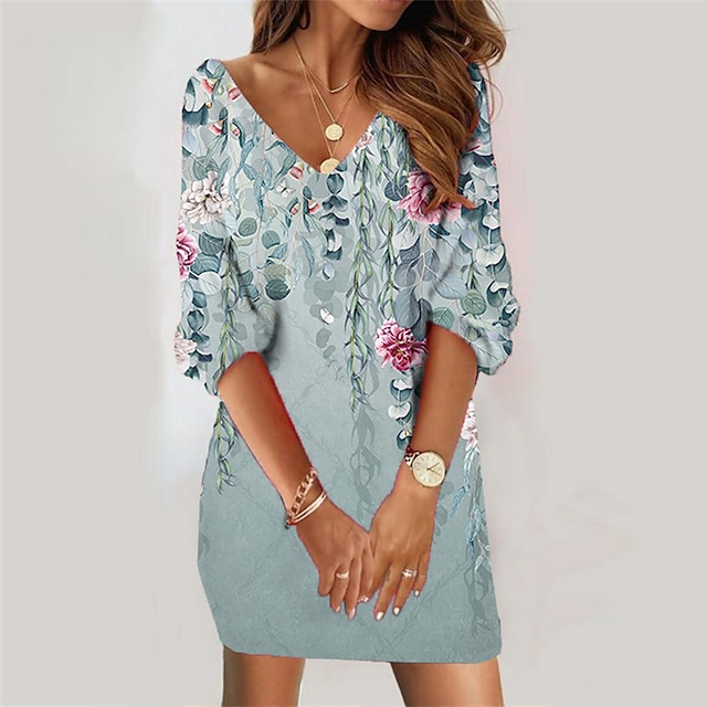  Mini robe Femme Robe sweat Manches 3/4 Eté Printemps - Mode Imprimer Floral Col V Ample 2023 Jaune Vert Claire Vert S M L XL XXL 3XL 4XL 5XL