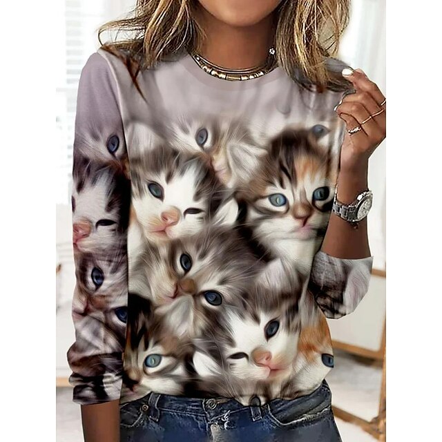 Women's T shirt Tee Pink Gray Print Cat 3D Daily Weekend Long Sleeve Round Neck Basic Regular 3D Cat Painting S