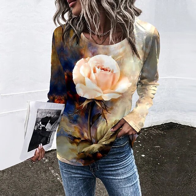  T shirt Tee Femme Jaune Imprimer Floral Vacances Fin de semaine manche longue Col Rond basique Normal Standard Fleur Peinture S