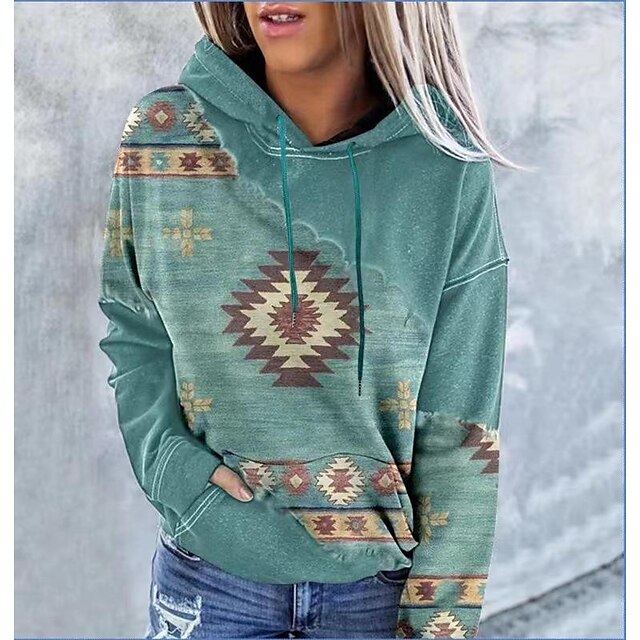  Mujer Sudadera con capucha Pull-over Bolsillo delantero Étnico Azul Marino Marrón Verde Trébol Geométrico Casual Manga Larga Sudadera