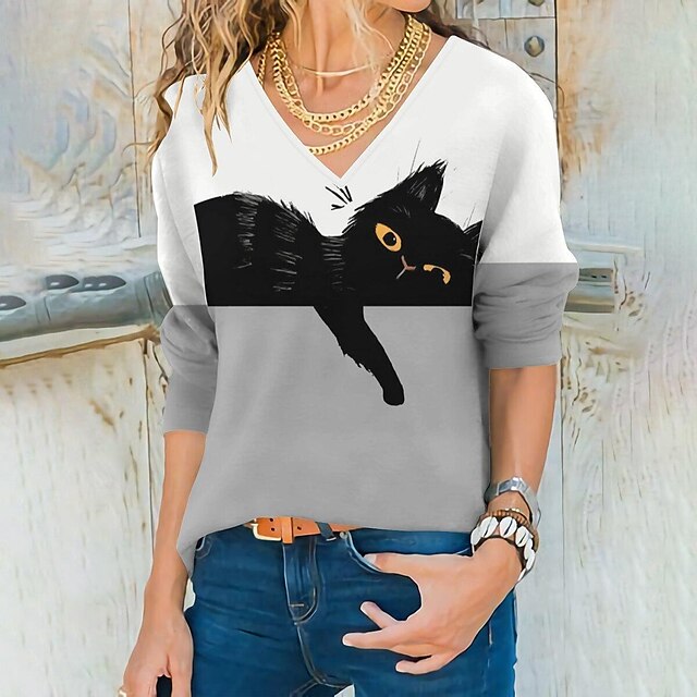  Dame T skjorte Svart Gul Rosa Trykt mønster Fargeblokk Katt Daglig Helg Langermet Rund hals Grunnleggende Normal 3D Cat Maling S