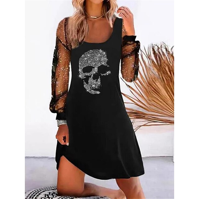  Women's Casual Dress T Shirt Dress Tee Dress Shift Dress Mini Dress Black Skull Long Sleeve Summer Spring Mesh Fashion U Neck 2023 S M L XL XXL 3XL 4XL 5XL