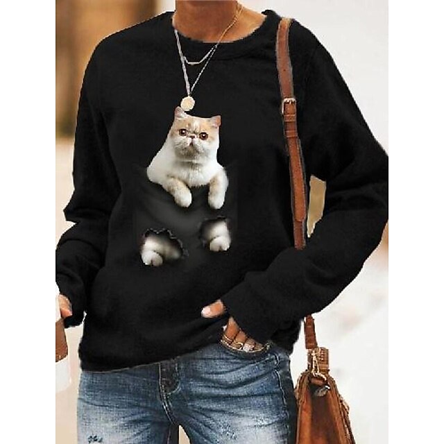  Damen T Shirt Schwarz Weiß Bedruckt Katze 3D Täglich Wochenende Langarm Rundhalsausschnitt Basic Standard 3D Cat Farbe S