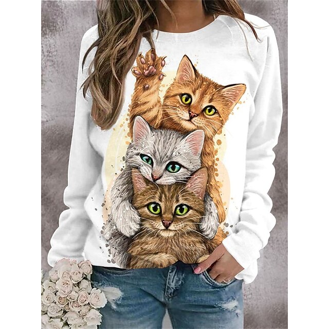 Damen Sweatshirt Pullover Zur Seite fahren Basic Weiß Katze Strasse Langarm Rundhalsausschnitt