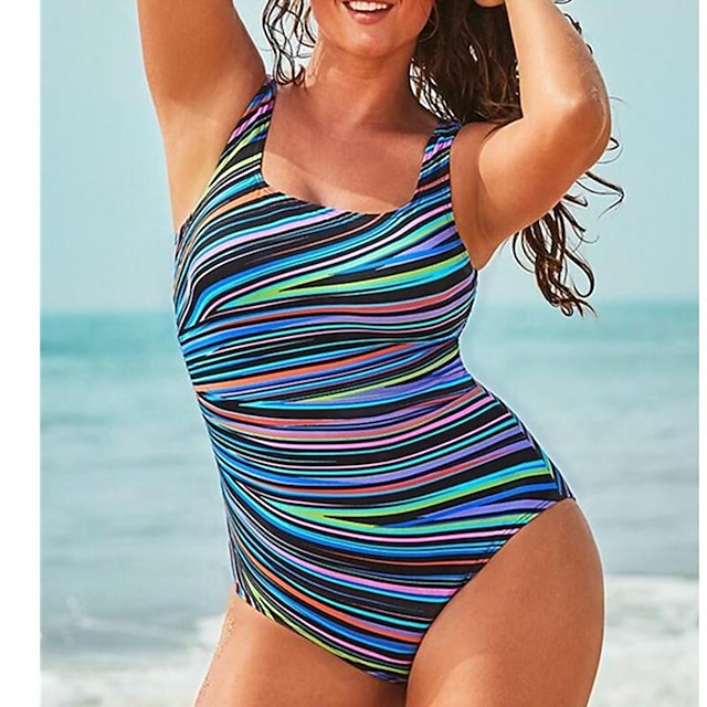  Women's Swimwear One Piece Normal Swimsuit Striped Printing Blue Bathing Suits Summer Sports