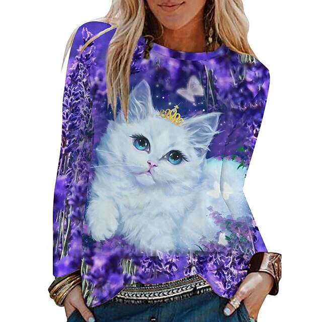  Damen T Shirt Schwarz Rosa Blau Bedruckt Katze Hund Täglich Wochenende Langarm Rundhalsausschnitt Basic Standard 3D Cat Farbe S