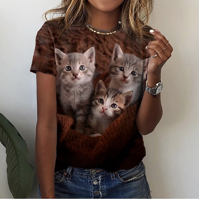  Damen T Shirt Katze 3D Täglich Wochenende Braun Bedruckt Kurzarm Basic Rundhalsausschnitt Regular Fit
