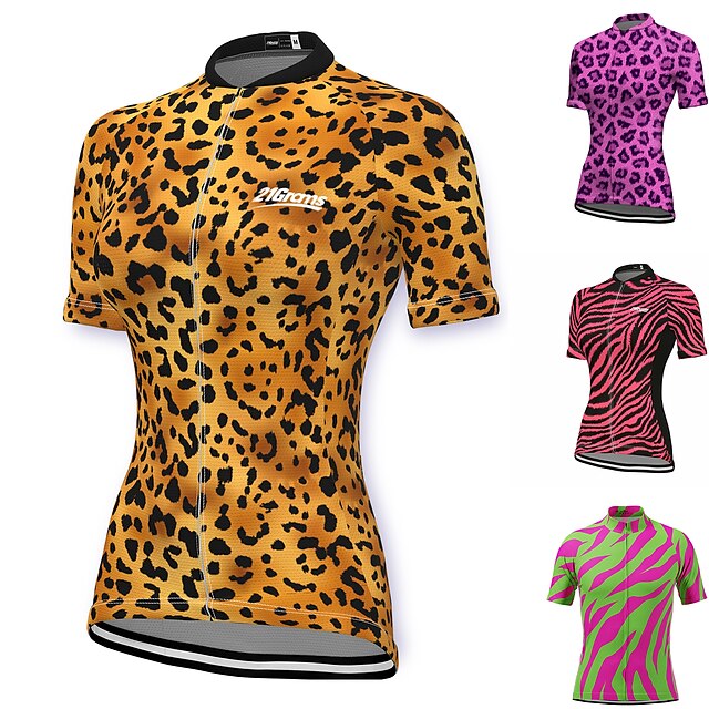  21Grams Women's Short Sleeve Cycling Jersey Bike Jersey Top with 3 Rear Pockets Breathable Quick Dry Moisture Wicking Mountain Bike MTB Road Bike Cycling Yellow Spandex Polyester Leopard Sports