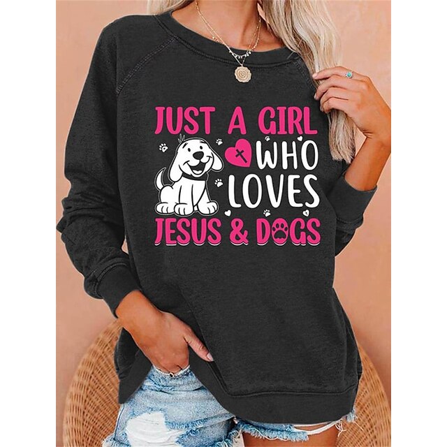  Women's Basic Round Neck Long Sleeve Tee with Dog Text Print