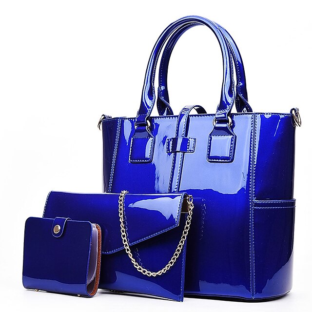  Women's Bags PU Leather Patent Leather Bag Set 3 Pcs Purse Set Zipper Shopping Bag Sets Handbags Black Blue Purple Red