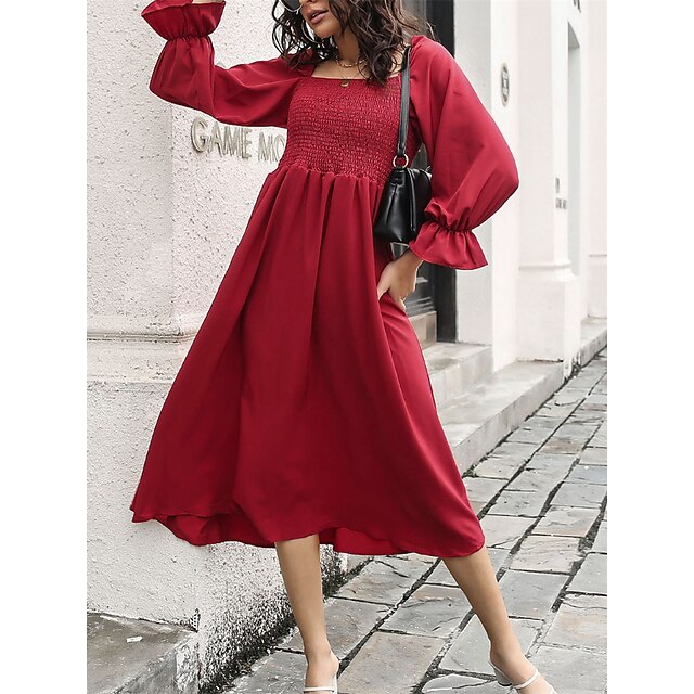  Women's Casual Dress Swing Dress Midi Dress Red Beige Light Blue Pure Color Long Sleeve Summer Spring Ruched Fashion Square Neck Loose Fit Vacation 2023 S M L XL