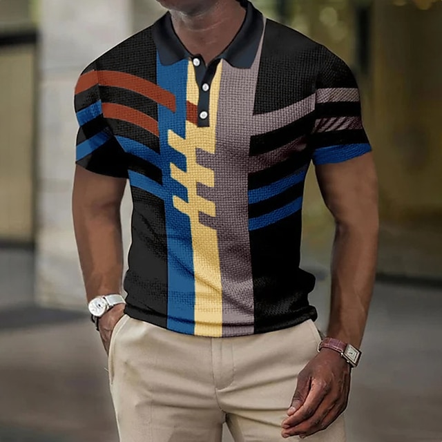  Homens Camiseta Polo Camisa Polo Waffle Camisa de golfe Geometria Aberto para a Lateral Amarelo Rosa Azul Azul Céu Laranja Impressão 3D Ao ar livre Rua Manga Curta Imprimir Botão para baixo Roupa
