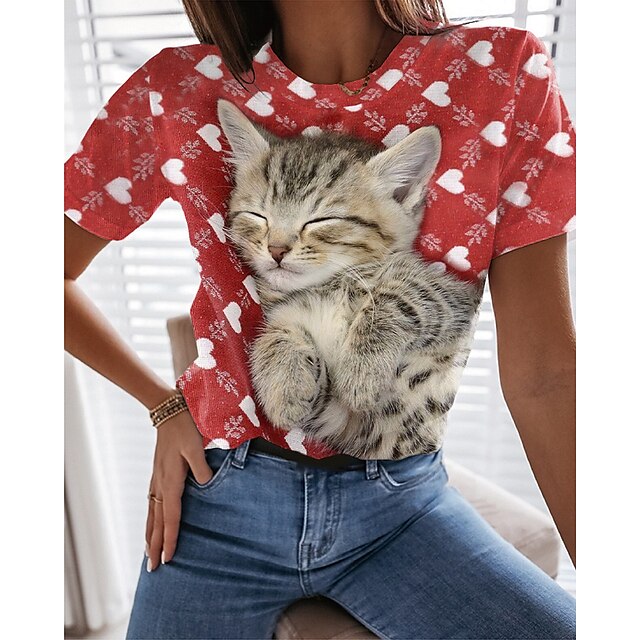  Dame T skjorte Rød Trykt mønster Katt Hjerte Daglig Helg Kortermet Rund hals Grunnleggende Normal 3D Cat Maling S