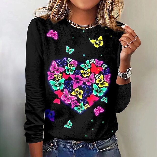  Damen T Shirt Schwarz Rosa Bedruckt Schmetterling Herz Valentinstag Wochenende Langarm Rundhalsausschnitt Basic Standard Schmetterling Farbe S
