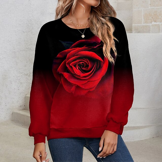  Damen Sweatshirt Pullover Zur Seite fahren Basic Rosa Rote Blau Blumen Casual Langarm Rundhalsausschnitt