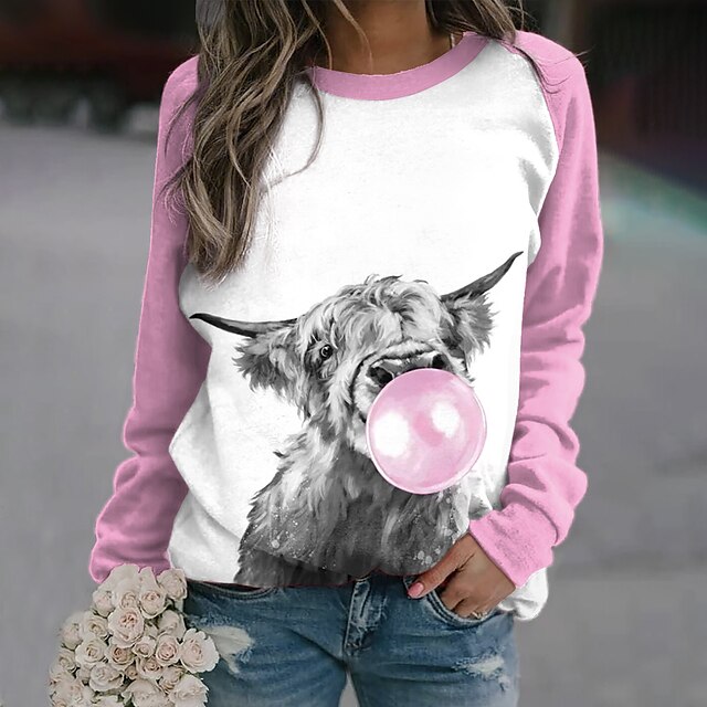  Women's Sweatshirt Pullover Basic Pink Graphic Street Long Sleeve Round Neck