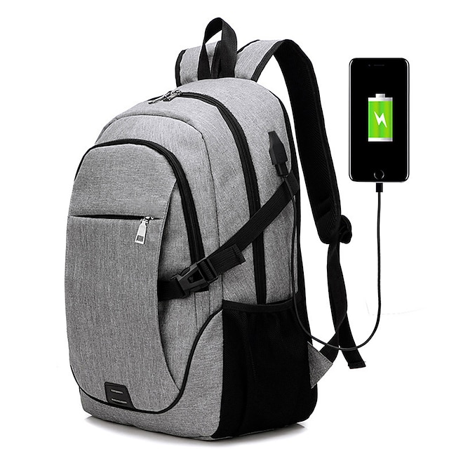  Men's PU Leather Oxford Cloth School Bag Rucksack Functional Backpack Large Capacity USB Port Zipper Sports Outdoor Backpack Black Gray
