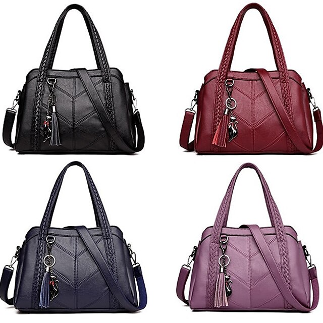  Women's Bags PU Leather Cowhide Tassel Shopping Date Leather Bags Handbags Wine Black Purple Dark Blue