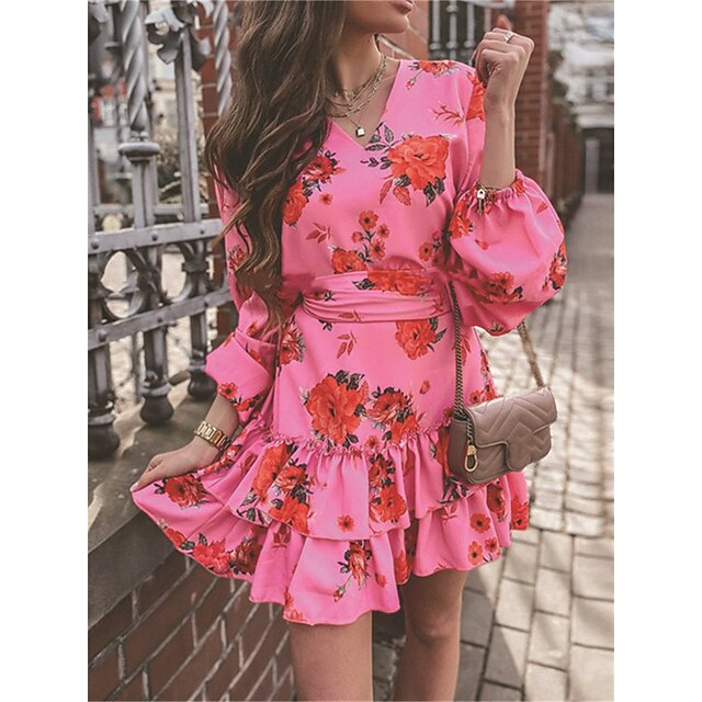  Mujer Vestimenta casual Floral Vestido de flores Vestido Estampado Escote en Pico Volante Estampado Mini vestido Festivos Cita Activo Moda Ajuste regular Manga Larga Rosa Azul Piscina Primavera Verano