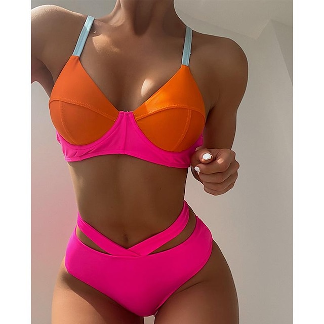  Women's Swimwear Bikini Normal Swimsuit Color Block 2 Piece Printing Orange Bathing Suits Summer Sports