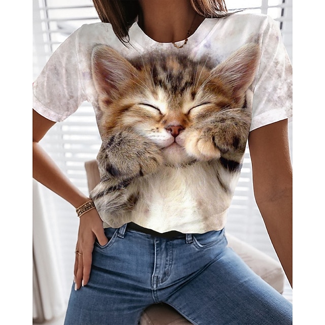  T shirt Tee Femme Marron Imprimer Chat 3D du quotidien Fin de semaine Manche Courte Col Rond basique Normal Standard Chat 3D Peinture S