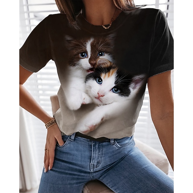  Mulheres Camiseta Preto Imprimir Gato 3D Diário Final de semana Manga Curta Decote Redondo Básico Padrão Gato 3D Pintura S