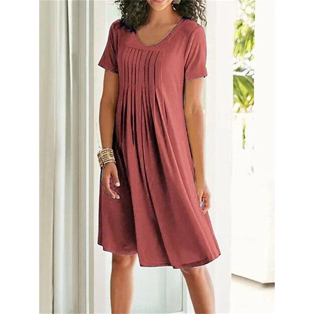  Women's Pleated Crew Neck Midi Dress Casual Loose Fit