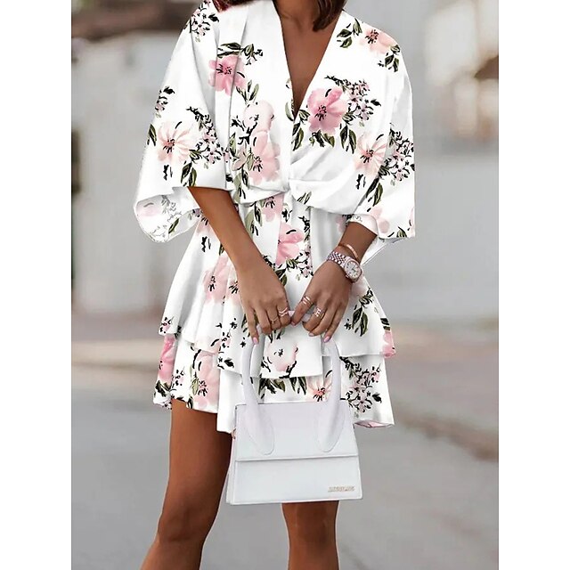  Women's Shirt Dress Casual Dress Outdoor Daily Mini Dress Casual Polyester Ruched Print V Neck Summer Spring Fall 3/4 Length Sleeve Loose Fit 2023 Black White Blue Pure Color S M L XL 2XL