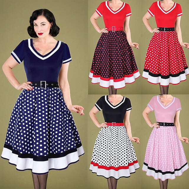  Polka Dots Retro Vintage 1950s Cocktail Dress Vintage Dress Dress Flare Dress Knee Length Plus Size Women's Polka Dot Adults' Dress Summer