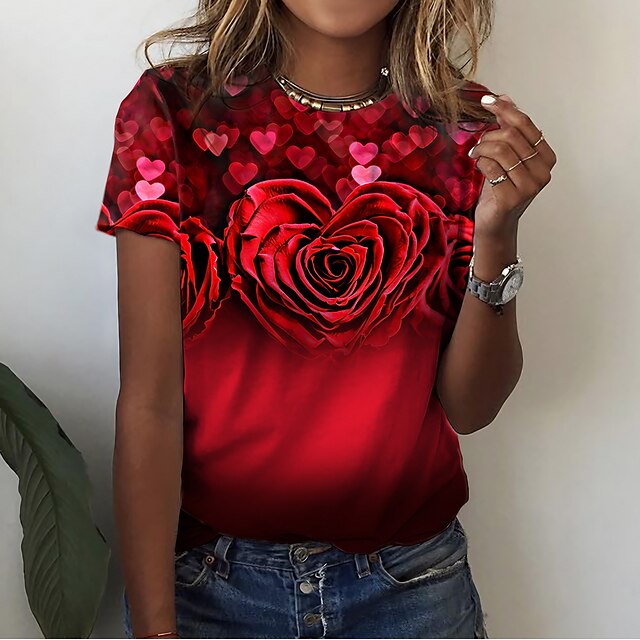  Dame T skjorte Hjerte Rose Blomstret Trykt mønster Ferie Helg Grunnleggende Kortermet Rund hals Rosa
