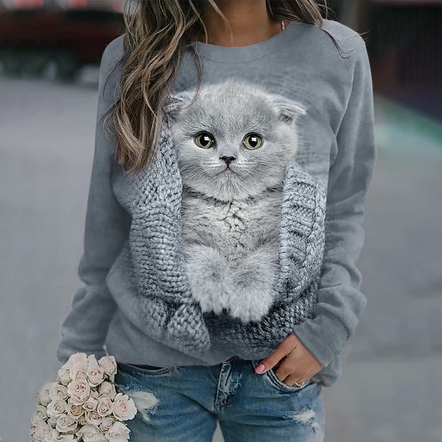  Women's Basic Gray Cat Pullover Sweatshirt