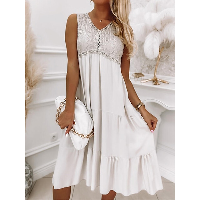  Women's Lace Dress Summer Dress Plain Lace Ruched V Neck Midi Dress Fashion Basic Outdoor Daily Sleeveless Loose Fit White Summer Spring S M L XL XXL