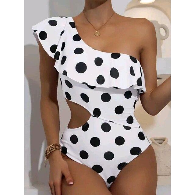  Women's Swimwear One Piece Normal Swimsuit Polka Dot Striped Ruffle Cut Out Printing One Shoulder Black stripes blue strips White Bodysuit Bathing Suits Summer Sports