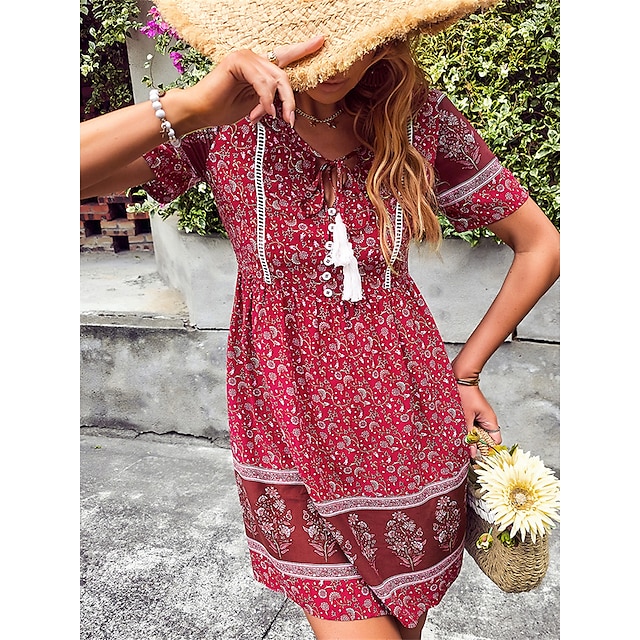  Women's Casual Dress Floral Ethnic Dress Print Dress V Neck Print Mini Dress Outdoor Daily Active Streetwear Loose Fit Short Sleeve Pink Red Blue Summer Spring S M L XL