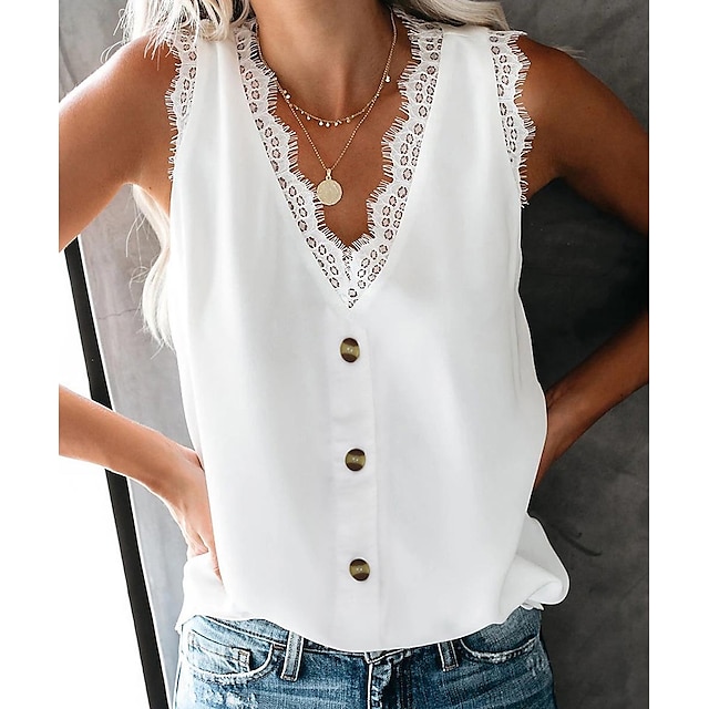  Women's Lace Shirt Tank Top Plain Black White Button Lace Trims Sleeveless Casual Basic V Neck Regular Fit Sleeveless