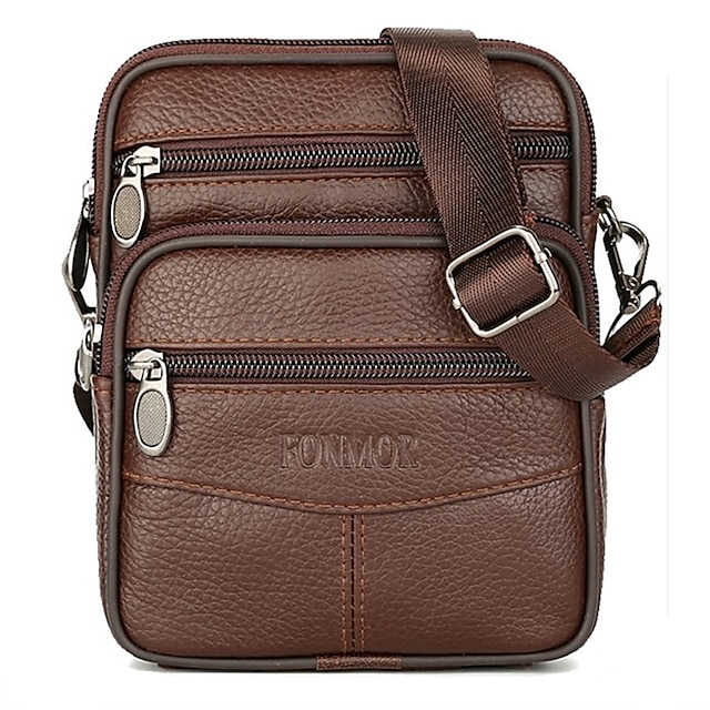  Men's Bags Cowhide Shoulder Messenger Bag Crossbody Bag Zipper Solid Color Daily Messenger Bag Coffee