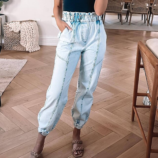  Women's Jeans Denim Solid Color Light Blue Fashion Ankle-Length Casual Daily