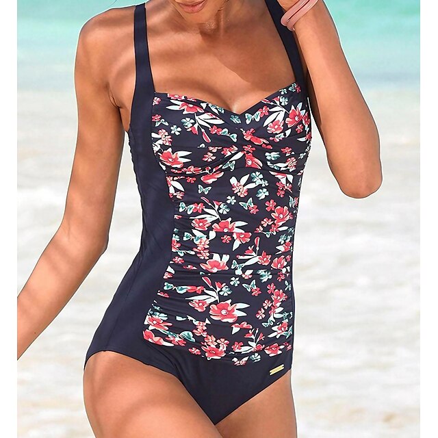  Women's Swimwear One Piece Normal Swimsuit Tummy Control Printing Floral Striped Black White Pink Red Navy Blue Bodysuit Bathing Suits Sports Summer