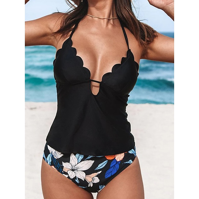  Women's Swimwear Tankini 2 Piece Normal Swimsuit Floral 2 Piece Printing Black Tank Top Bathing Suits Beach Wear Summer Sports