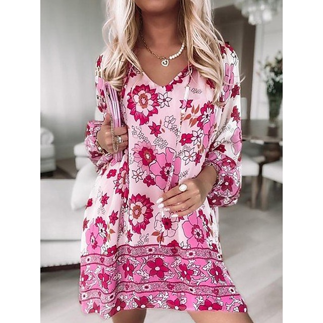  Women's Casual Dress Floral Shift Dress Floral Dress V Neck Print Mini Dress Outdoor Daily Tropical Fashion Loose Fit Long Sleeve Pink Fall Spring S M L XL XXL